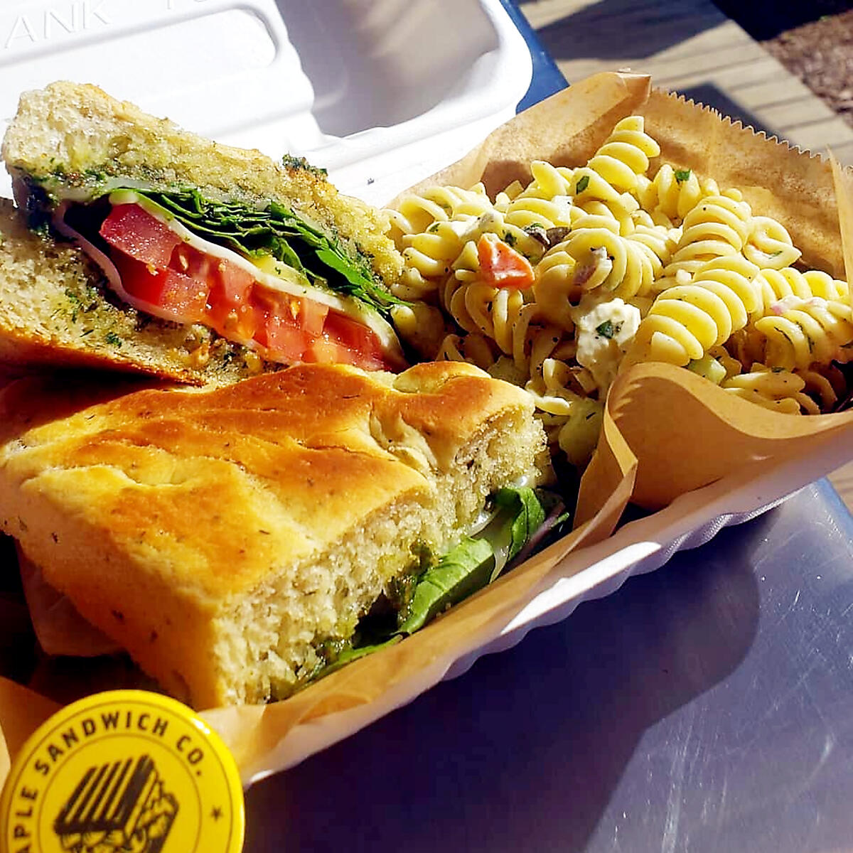 Caprese sandwich with Mediterranean pasta salad